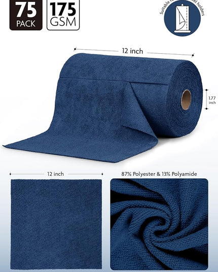 Fantasticlean Microfiber Cleaning Cloth Roll -75 Pack, Tear Away Microfiber Towels, 12" x 12", Reusable, Washable, Scratch Free, Ultra Absorbent for All-Around Cleaning Supplies (Navy Blue)