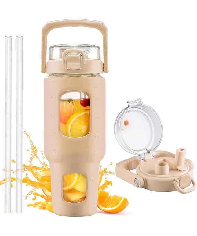 BLUEGO 40oz Glass Tumbler with Lid and Straw, Glass Water Bottles with Handle, Glass Cup with Time Marker and Silicone Sleeve, Fits Most Cup Holder, Leak-proof, Amber