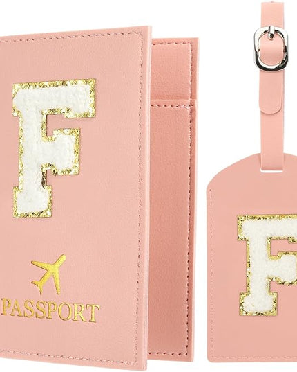 PATIKIL Passport Holder for Travel, Initial Passport Cover and Luggage Tag Set with Alphabet Chenille Letter Patch Travel Wallet Bag Suitcase Identifier for Women Family Travel Pink F