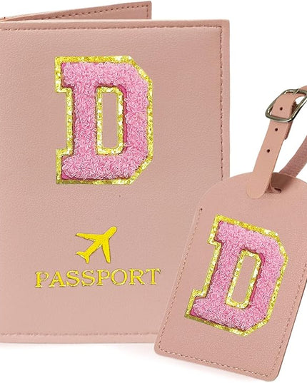 COSHAYSOO Initial Passport Cover Luggage Tag Set Letter Passport Holder Personalized Gifts for Women Teen College Girls Airplane Cruise Travel Essentials Vacation Pink D
