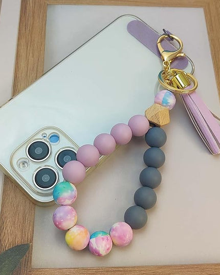 Phone Lanyard Silicone Beaded Phone Wrist Strap Cute Elastic Cell Phone Wristlet Chain Bracelet with 2 Tether Tab