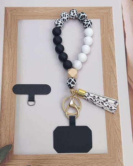 Phone Lanyard Silicone Beaded Phone Wrist Strap Cute Elastic Cell Phone Wristlet Chain Bracelet with 2 Tether Tab