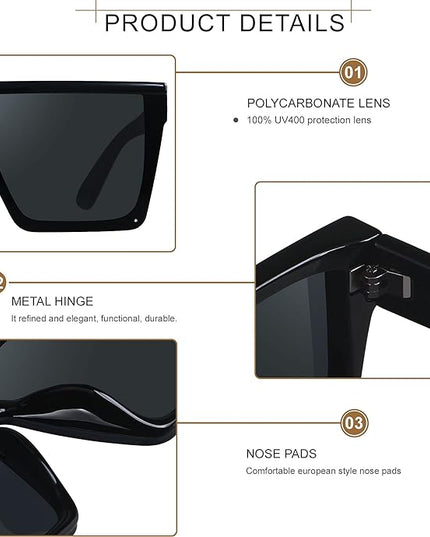 LYZOIT Square Oversized Sunglasses for Women Men Big Flat Top Fashion Shield Large UV Protection Rimless Shades