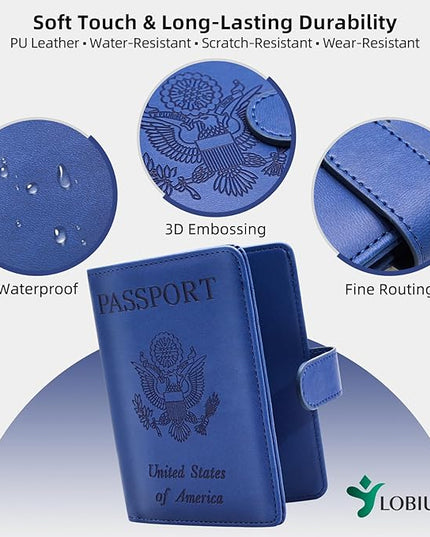 2 Pack Passport Holder For Travel with Luggage Tag Cover – RFID Blocking Passport Wallet Holder for Travel Women/Men | PU Leather Passport Case with Money Pocket, Blue/Pink