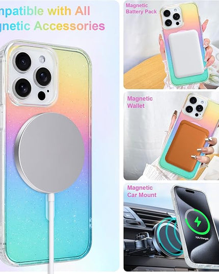 Glitter Case for iPhone 15 Pro Case for Women Girls [ Compatible with Magsafe ] Clear Cute Girly Aesthetic Iridescent Rainbow Sparkly Bling Magnetic Phone Cover, Gradient Blue & Pink