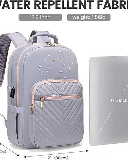 LOVEVOOK Laptop Backpack for Women 17.3 inch,Cute Womens Travel Backpack Purse,Professional Laptop Computer Bag,Waterproof Work Business College Teacher Bags Carry on Backpack with USB Port,Grey Pink
