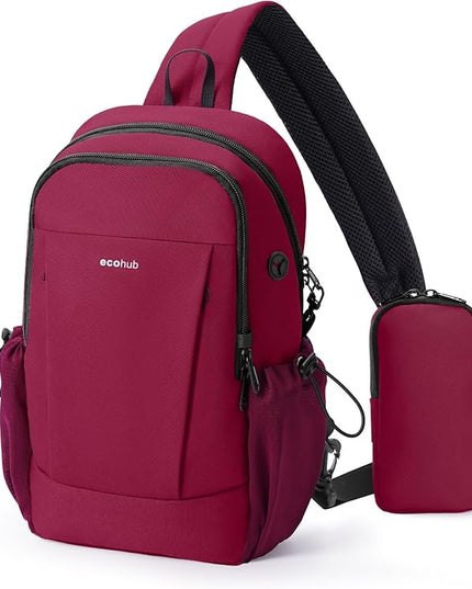 ECOHUB Anti-Theft Crossbody Bag Men Women, RFID Blocking Lightweight Sling Backpack Eco-Friendly with 9 Pockets Sturdy SBS Zippers Water Resistant for Travel Work Hiking Outdoor, Red