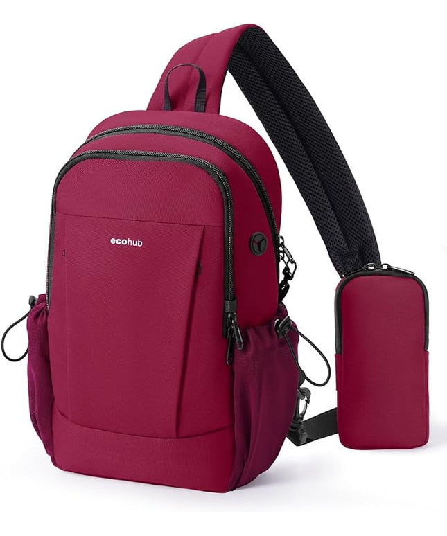 ECOHUB Anti-Theft Crossbody Bag Men Women, RFID Blocking Lightweight Sling Backpack Eco-Friendly with 9 Pockets Sturdy SBS Zippers Water Resistant for Travel Work Hiking Outdoor, Red