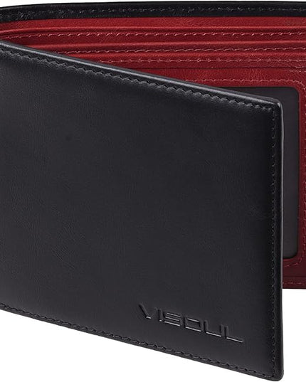 VISOUL Mens Bifold Wallet with 2 ID Windows and 2 Money Compartments, Genuine Leather Designer Wallet with RFID Blocking for Men Two Tone (Black and Burgundy)