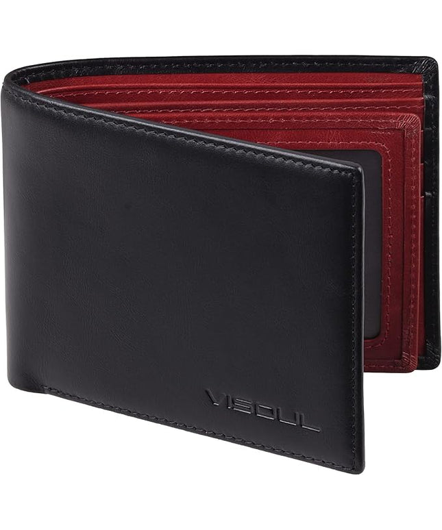 VISOUL Mens Bifold Wallet with 2 ID Windows and 2 Money Compartments, Genuine Leather Designer Wallet with RFID Blocking for Men Two Tone (Black and Burgundy)