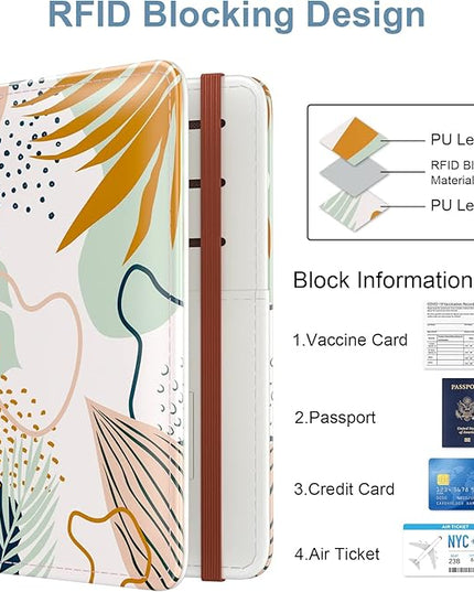 Passport and Vaccine Card Holder, Green Leaves, Leather, Slim, RFID Shielding, Boho Style