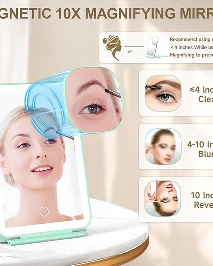 Mocado LED Foldable Travel Makeup Mirror - 5x7 inches3 Colors Light Modes USB Rechargeable Touch Screen, Portable Tabletop Cosmetic Mirror for Travel, Cosmetic, Office (Green)