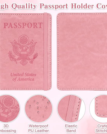 Passport Holder for Travel, RFID Blocking Passport Cover with Pen Holder Leather Passport Wallet Case Travel Must Haves Accessories Passport Book Card Holder for Family Travel Essentials Gifts, Pink