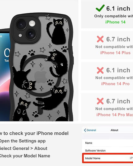 Cute Case for iPhone 14 Case [Compatible with MagSafe] with Kawaii Black Cats Cat Print Pattern Design for Women Girls, Soft Wavy Edge Anti-Slip Animal Magnetic Protective Phone Cover