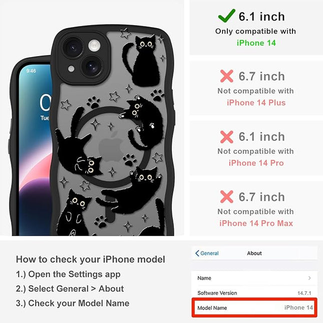 Cute Case for iPhone 14 Case [Compatible with MagSafe] with Kawaii Black Cats Cat Print Pattern Design for Women Girls, Soft Wavy Edge Anti-Slip Animal Magnetic Protective Phone Cover
