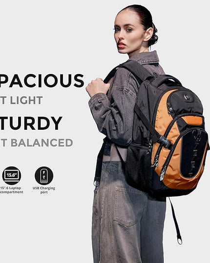Swissdigital Design Laptop Backpack with USB Charging Port, Travel Backpack Fits 15.6 inches Computer, 31L College School Backpack for Men, Orange/Black | SD803-66