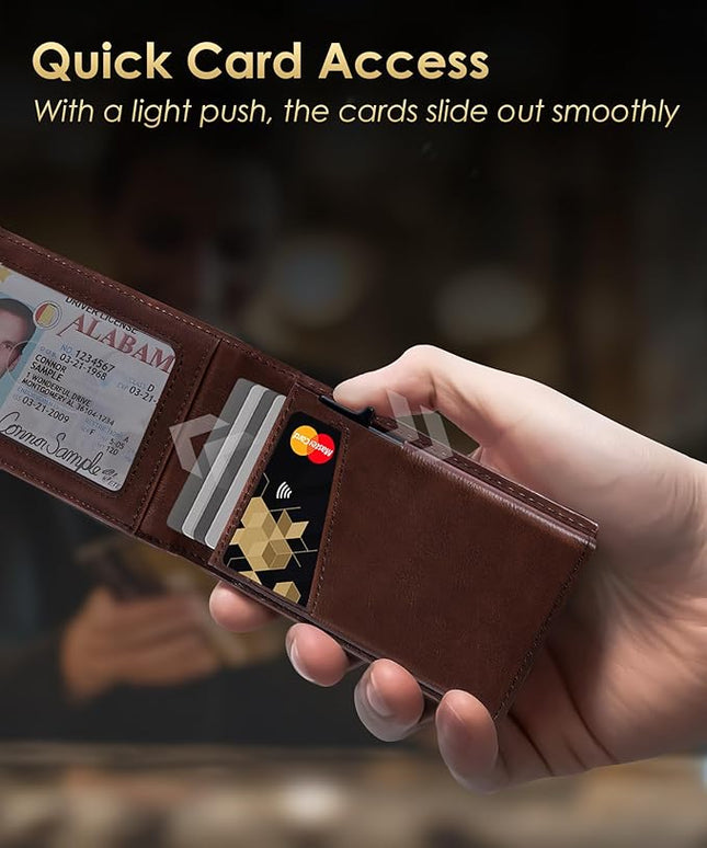 QLD Wallet for Men - RFID Blocking [Functional & Practical] Bifold Slim Minimalist Credit Card Holder Pop Up Metal Case with Cash Slot, Front Pocket with ID Window, Gift Boxed