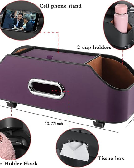 HOLDCY Car Back Seat Organizer with 2 Drink Cup Holder - Tissue Box and Storage Box Hook - Multi-functional Storage - Great for Kids and Travel (Purple)