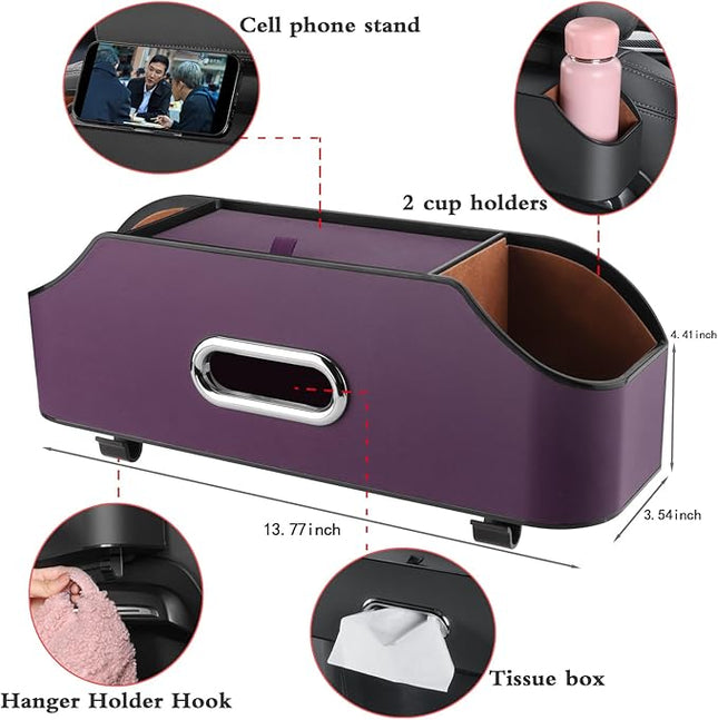Car Seat Back Organizer - Stylish & Functional Storage for Family Adventures - Cup Holders, Tissue Box & Hooks - Perfect for Kids, Road Trips & Travel (Purple)