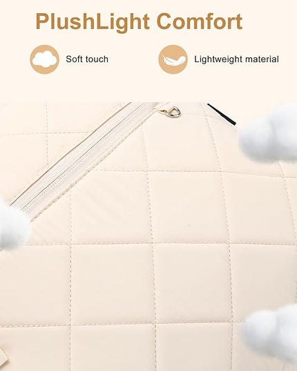 College Laptop Backpack for Women, School Backpack for Girls, Quilted Casual Daypack, Water-Resistant Bookbag for 15.6 Inch Laptop, Beige