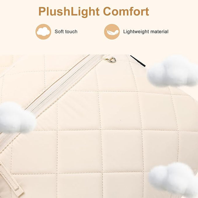 College Laptop Backpack for Women, School Backpack for Girls, Quilted Casual Daypack, Water-Resistant Bookbag for 15.6 Inch Laptop, Beige