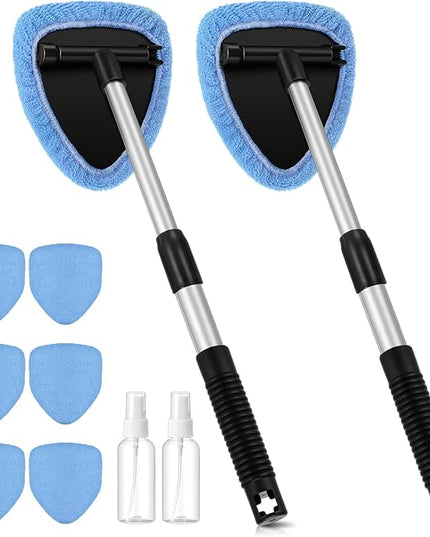 Baderke 10 Pcs Windshield Cleaner Tool Car Window Cleaning Supplies with Extendable Handle Include 6 Washable Microfiber Bonnets 2 Empty 60ml Spray Bottle Glass Wiper Kit(Light Blue)