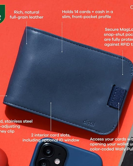 Distil Union Wally Bifold 5.0 RFID Wallet with ID Window - Slim Bifold Wallet for Men with Money Clip, Premium Leather – Minimalist RFID Card Holder - Holds 14 Cards & 30 Bills - Navy