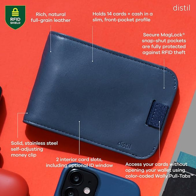 Distil Union Wally Bifold 5.0 RFID Wallet with ID Window - Slim Bifold Wallet for Men with Money Clip, Premium Leather – Minimalist RFID Card Holder - Holds 14 Cards & 30 Bills - Navy