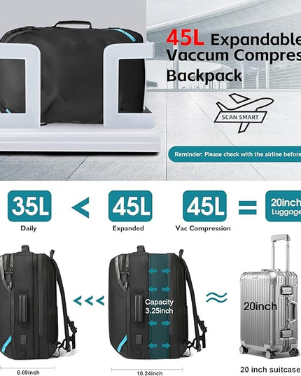 Vacuum Compression Backpack with Pump, Extra Large Capacity 45L Expandable Travel Backpack, Water Resistant 17.3" Laptop Backpack with USB Charging Port for Men & Women