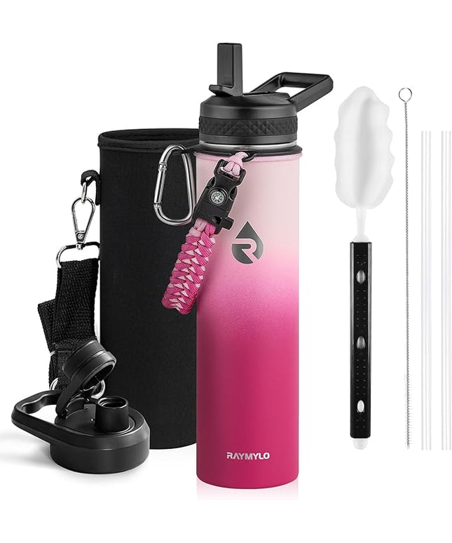 Insulated Water Bottle 24oz, Triple Wall Vacuum Stainless Steel (Cold for 48 Hrs, Hot for 24Hrs), Leak Proof & Non-BPA, 24oz Hydro Water Flask with Paracord Handle & Straw Spout Lids