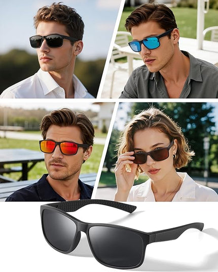 Polarized Sunglasses for Men Womens, Lightweight Mens Sunglasses UV Protection, Black Square Sun Glasses Driving Fishing Golf, Matte Black/Gray Lens