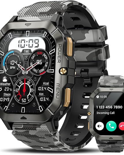 Military Smart Watches for Men (Answer/Make Calls), Watches for Men with Blood Pressure/Heart Rate/Sleep/100+ Sport Modes, 2.02'' Fitness Smart Watch, Waterproof Fitness Tracker for Android and iPhone