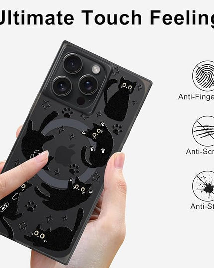 Cute Case for iPhone 14 Pro Case for Women Girls Boys [Compatible with Magsafe] Kawaii Black Cats Cat Pattern Design, Aesthetic Girly Animal Rectangle Magnetic Protective Phone Cover