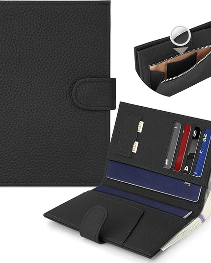 Genuine Leather Passport Holder for Women Men, Hidden Airtag Pocket, RFID Blocking, Zippered Coins Pocket & Cash Compartment Travel Gifts Essentials Passport Cover Case - Black