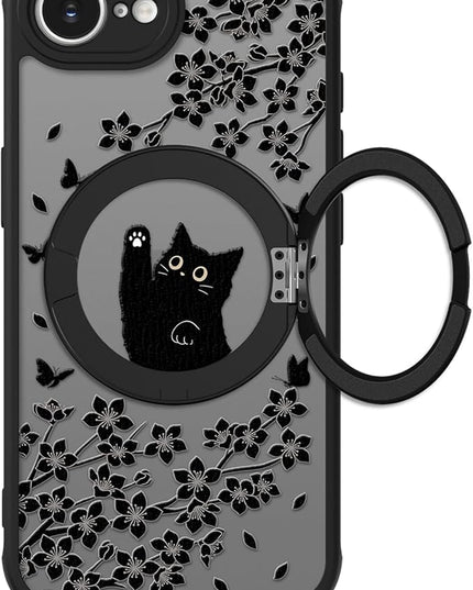 Cute Case for iPhone 16e Case with Stand [ Compatible with MagSafe ] Kawaii Black Cat & Floral & Butterflies Pattern Design 360 Magnetic Ring Kickstand Phone Cover for Women Girls Boys