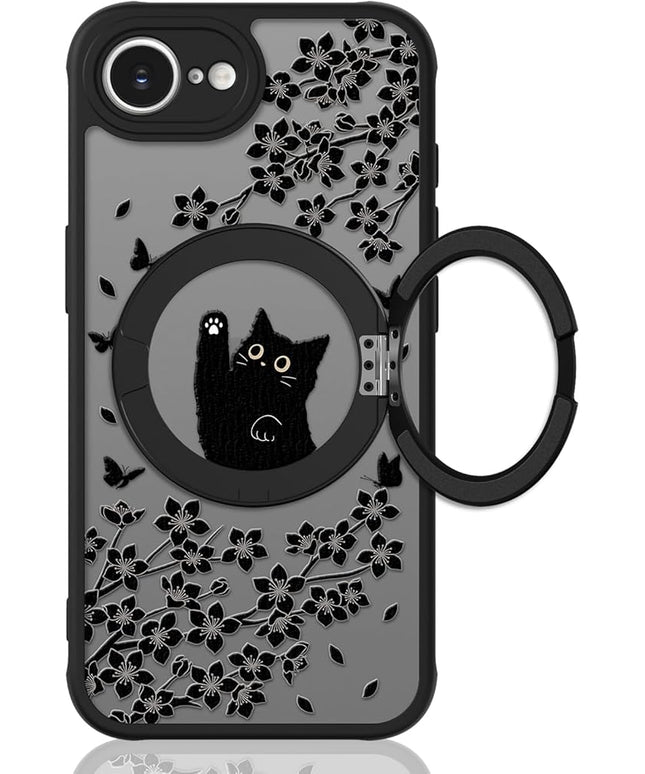 Cute Case for iPhone 16e Case with Stand [ Compatible with MagSafe ] Kawaii Black Cat & Floral & Butterflies Pattern Design 360 Magnetic Ring Kickstand Phone Cover for Women Girls Boys