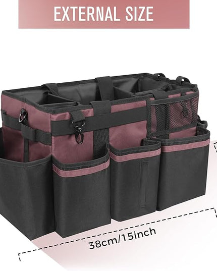 Wearable Cleaning Caddy, Cleaning Caddy Supplies Organizer with Handle & Shoulder Straps for Housekeepers, Under Sink & Car Cleaning Tool Organizers Bag with 4 Foldable Divider (LotusPink)