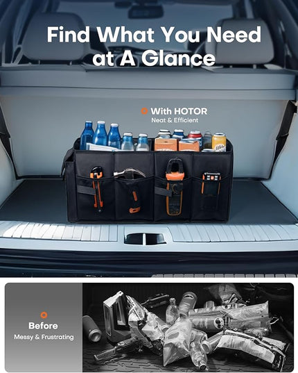 HOTOR Trunk Organizer - Car Organizer, Foldable Trunk organizer for SUVs & Sedans, Sturdy Car Organization for Car Accessories, Tools, Sundries, Black, 2 Compartments, 21.3"×12.6"×10.6"