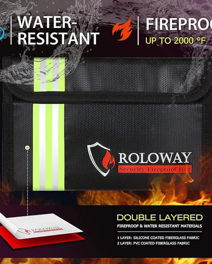 ROLOWAY Small Fireproof Bag (5 x 8 inches) with Reflective Strip, Fireproof Money Bag for Cash, Valuables, Passport, Currency & Keys (2-Pack Black)