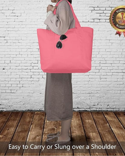 TOPDesign 1-Pack Canvas Tote Bag with an External Pocket, Reusable Grocery Shopping Bag, Top Zipper Closure, Daily Essentials (Rose Pink)