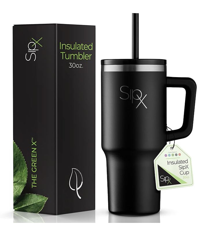 SIPX™ 30 oz Insulated Tumbler with Handle & Straw – Vacuum Insulated Stainless Steel, Leakproof, Cupholder Friendly – Perfect for Iced Coffee, Water & Travel – Black