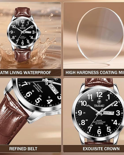 Men's Watches Leather Band Stainless Steel Quartz Analog Watch Luxury Waterproof Watches for Men Dress Men's Wrist Watch with Day Date Arabic Numeral Relojes para Hombre