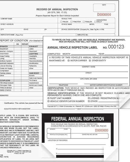 J. J. Keller 100-Pack, Record of Annual Inspection Form with Inspection Label & Prenumbered Vinyl Adhesive Label 2-Ply, 2-Ply Carbonless Form, DOT Compliant