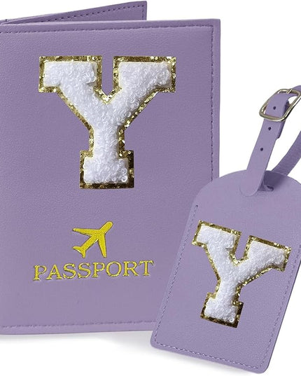 COSHAYSOO Purple Initial Passport Cover Holder and Luggage Tag Set TSA Approved with Letter Name Patch for Women Teenage, Travel Passport Book Vaccine Card Combo Bag Suitcase Identifier (Y)