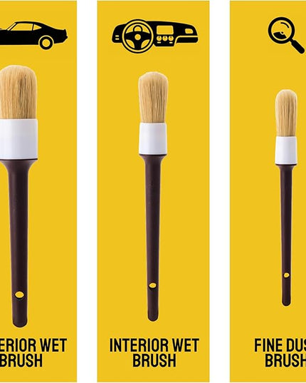 Soft Boar Hair Car Detailing Brush Set - 3-Pack, Brown - Car Detailing Kit for Versatile Uses - Soft Bristles Cleaning Brush - Water-Resistant Handles