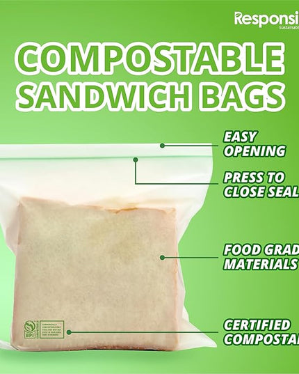 Responsible Products Certified Compostable SANDWICH Resealable Zip Bag, Extra Strength Food Bags, Plant-Based Freezer-Safe (68 Pack)