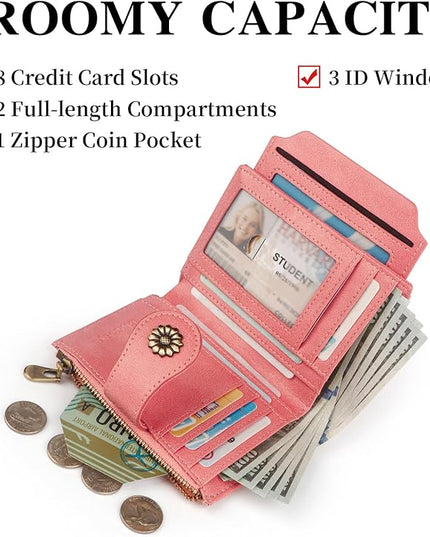 Blucoay Womens Wallet,RFID Blocking Wallet Women Soft Leather Bifold Small Wallets For Women Card Holder With Removable ID Window(pink)