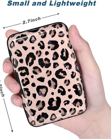 Atufsuat Credit Card Holder, Mini Aluminum Card Wallet RFID Blocking Slim Metal Hard Card Case for Women Men, Pink Leopard