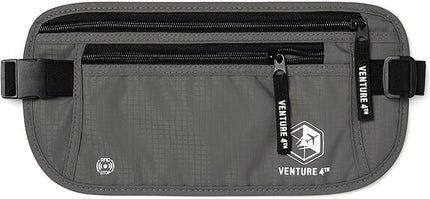 VENTURE 4TH Money Belt for Travel – Hidden Under-Clothes RFID Blocking Passport Holder & Slim Travel Wallet Pouch for Men & Women to Protect Cash, Cards & Documents (Gray)