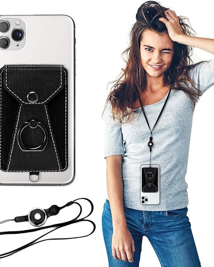 Cell Phone Card Holder,Card Holder for Back of Cell Phone with Ring Grip Stand,Adhesive Stick-on Credit Card Wallet Pocket with Detachable Neck Strap Black